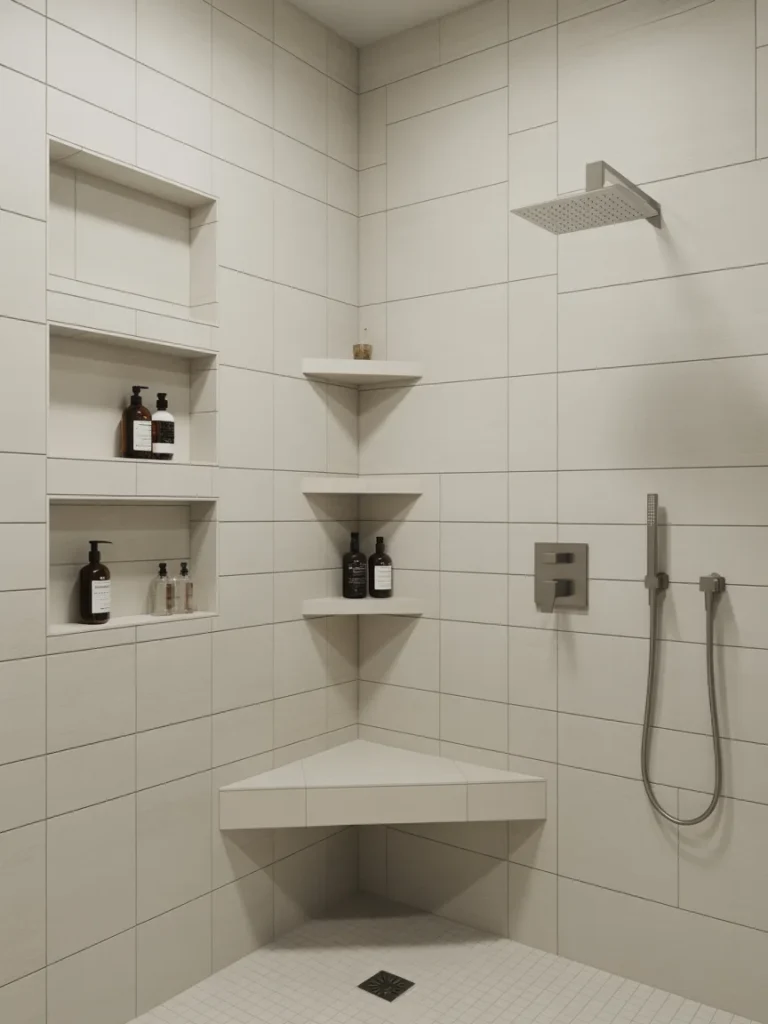 Modern walk-in shower with built-in wall niches, corner shelves, and a tiled bench for storage and seating.
