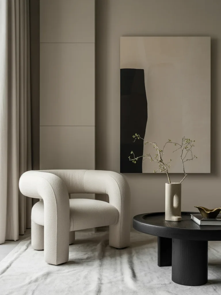 Modern minimalist living room featuring a sculptural cream armchair and a bold black coffee table that add character and contrast.