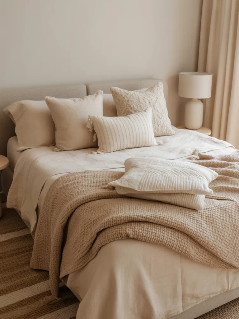 Cozy neutral bedroom with layered bedding and soft textured pillows.