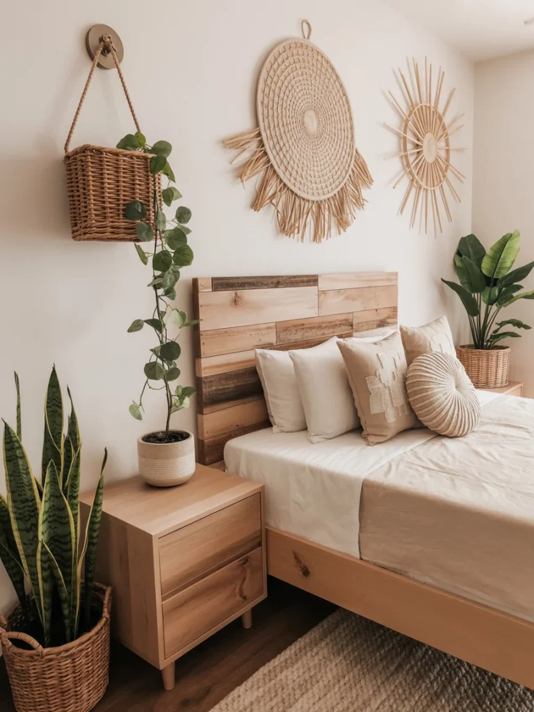 Boho-style bedroom with wooden furniture, woven wall decor, indoor plants, and neutral bedding creating a natural, cozy atmosphere.