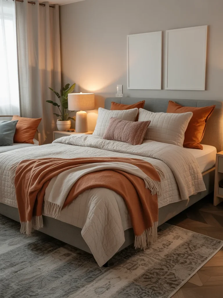 Warm and inviting bedroom with layered bedding in soft neutrals and burnt orange accents for a cozy, stylish look.