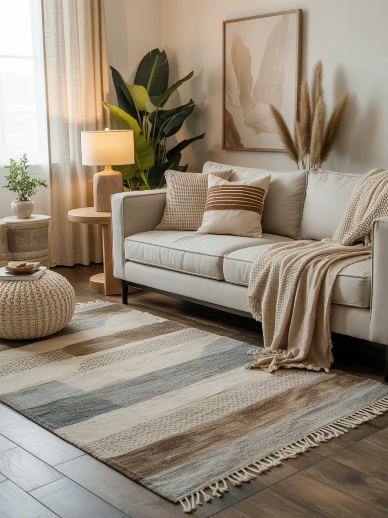 Cozy living room with neutral tones, soft textiles, and a patterned rug that adds warmth and texture to the space.