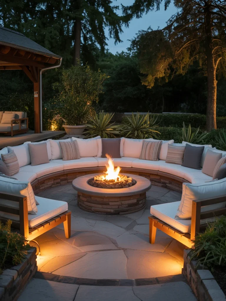Outdoor patio with a round stone fire pit surrounded by curved cushioned seating and warm ambient lighting for a cozy evening setup.