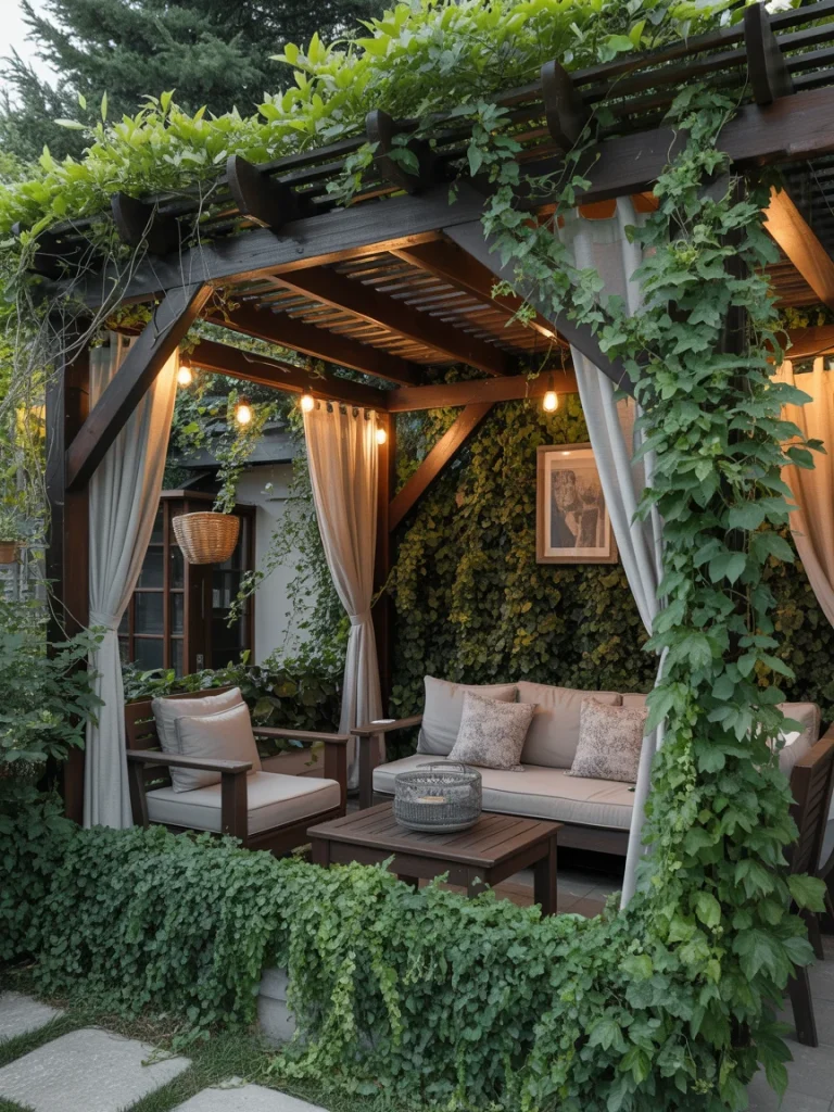 Outdoor seating area with a wooden pergola covered in lush climbing vines and hanging string lights for a cozy, private retreat.