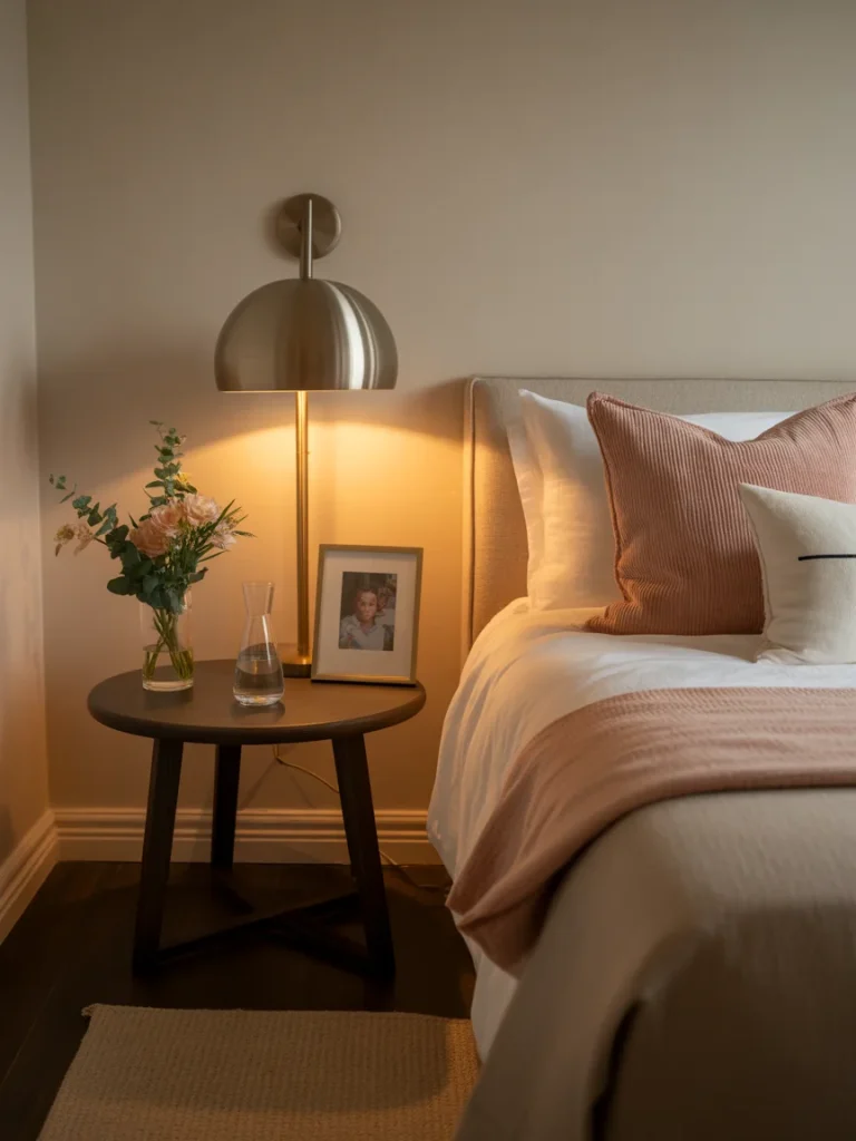 Cozy bedroom nightstand with warm lighting, flowers, and a personal photo frame.