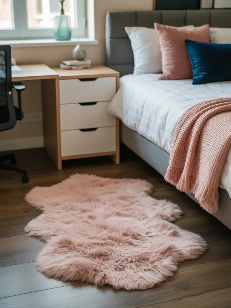 Cozy student bedroom featuring a soft pink faux fur rug beside the bed, adding warmth and texture to a modern dorm-style setup.