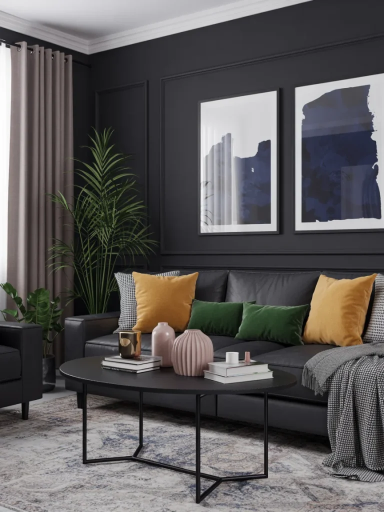 Modern black and grey living room with colorful accent pillows and decor adding warmth and personality.