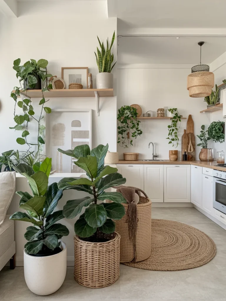 Bright open concept living space with lush indoor plants, woven baskets, and natural wood accents for a fresh, organic look.