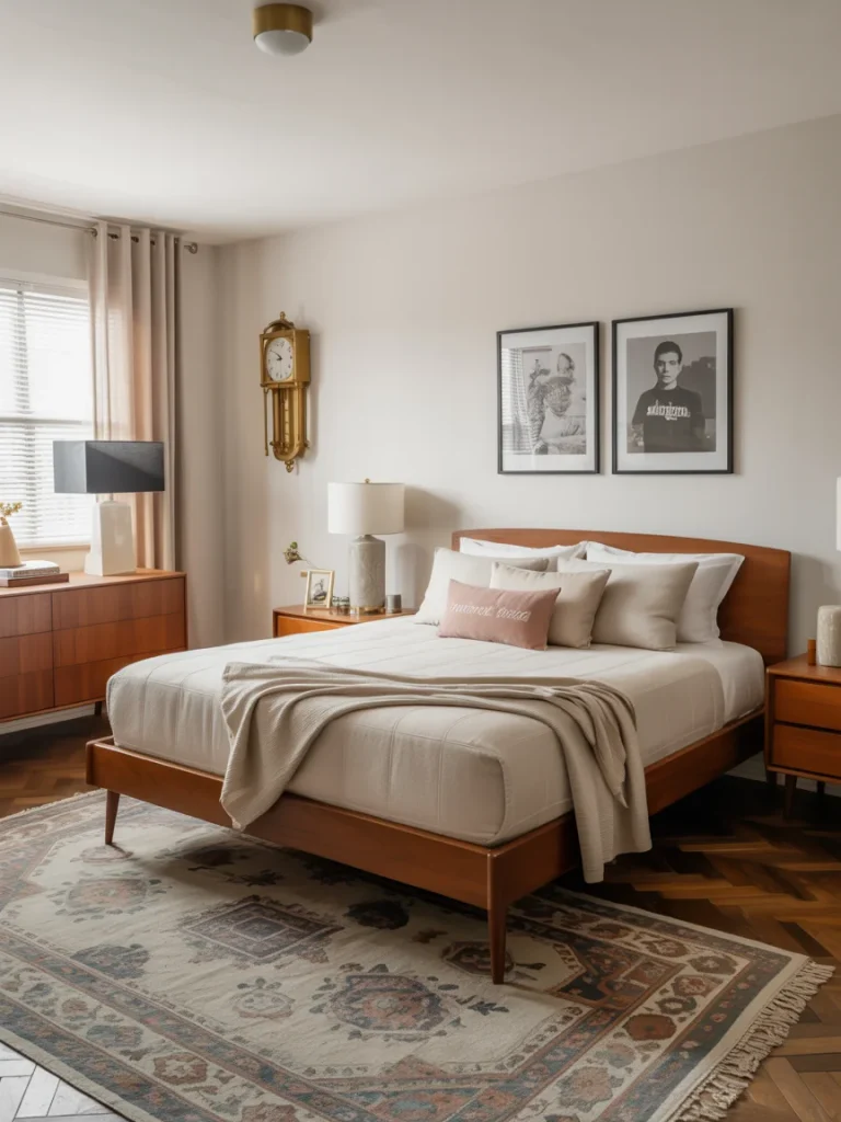Mid-century modern bedroom featuring warm wood furniture, personalized wall art, and vintage-inspired decor with a modern twist.