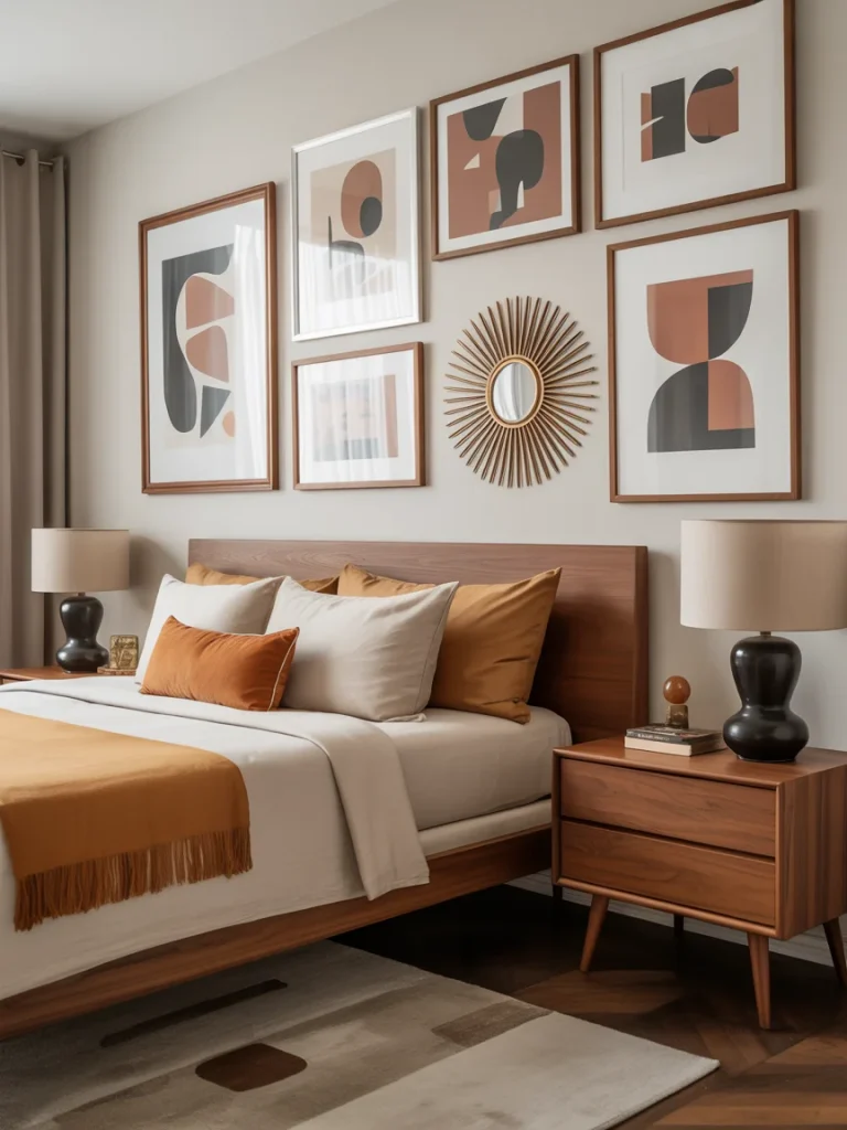 Mid-century modern bedroom with geometric wall art, warm orange accents, and retro-inspired décor.