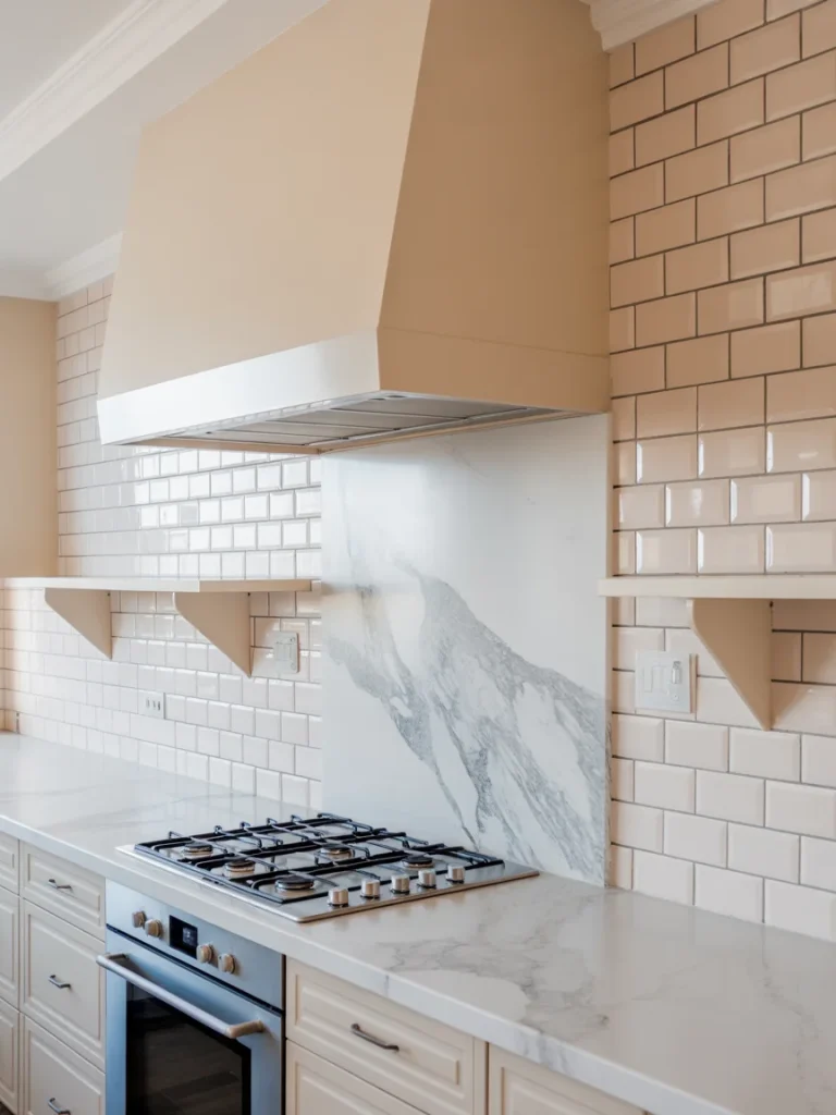 Modern kitchen with marble backsplash, beige subway tiles, and a sleek vent hood design.