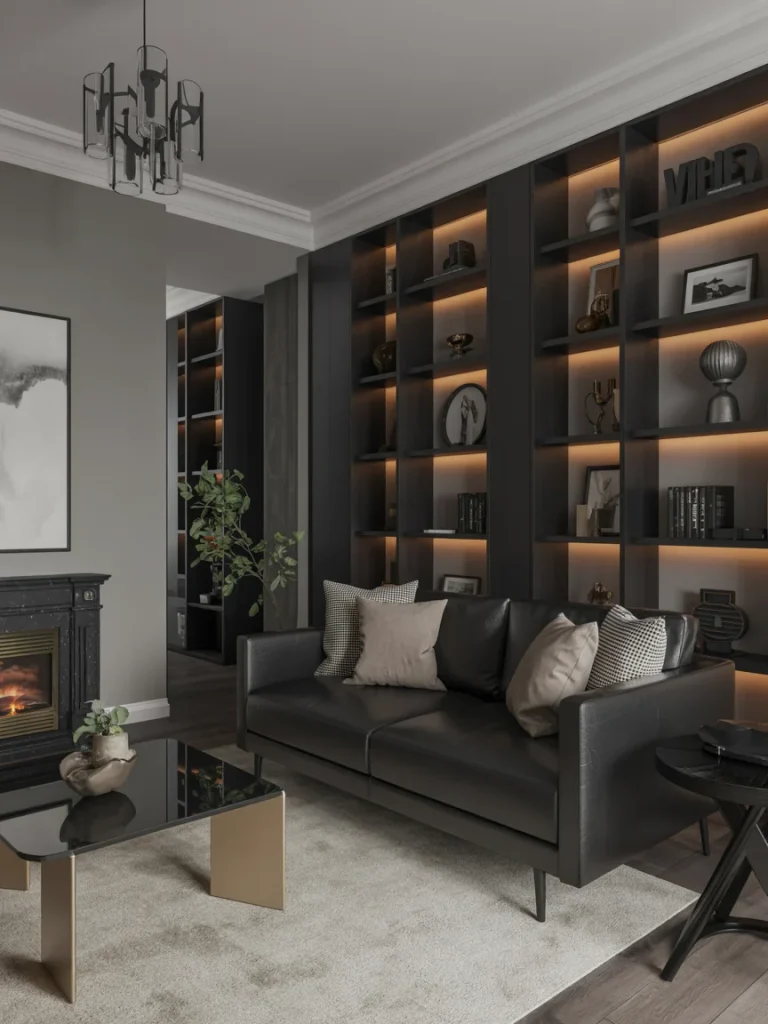 Modern living room with black leather sofa, illuminated shelving, and a cozy fireplace blending light and dark tones.