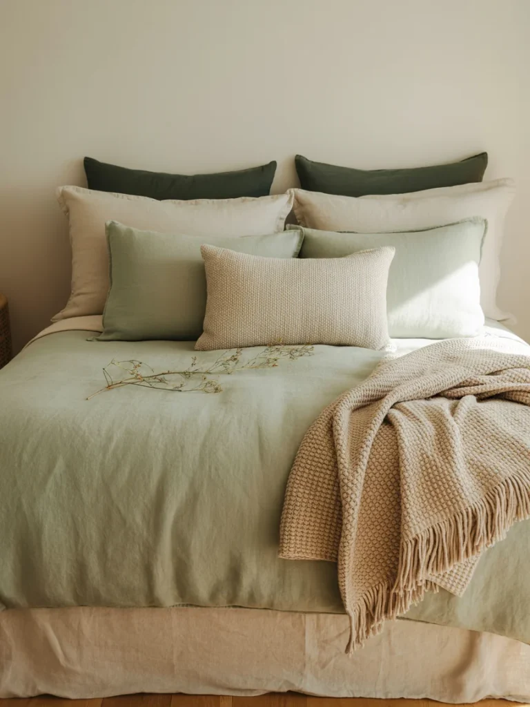 Sage green and beige bedding with layered pillows and a textured throw blanket in a cozy modern bedroom.