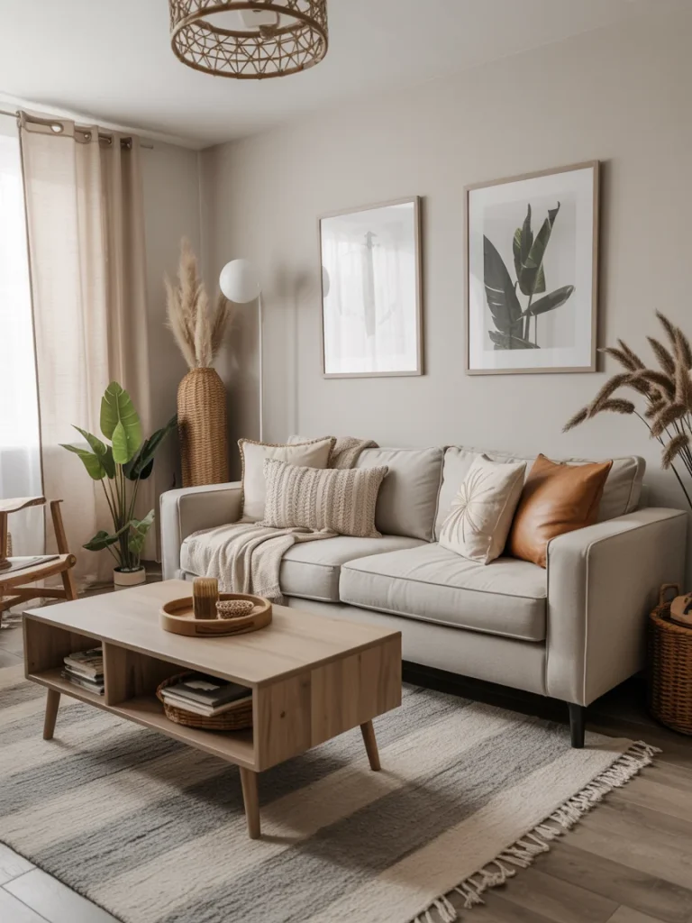 Neutral living room blending modern and boho styles with a beige sofa, woven decor, and nature-inspired wall art.