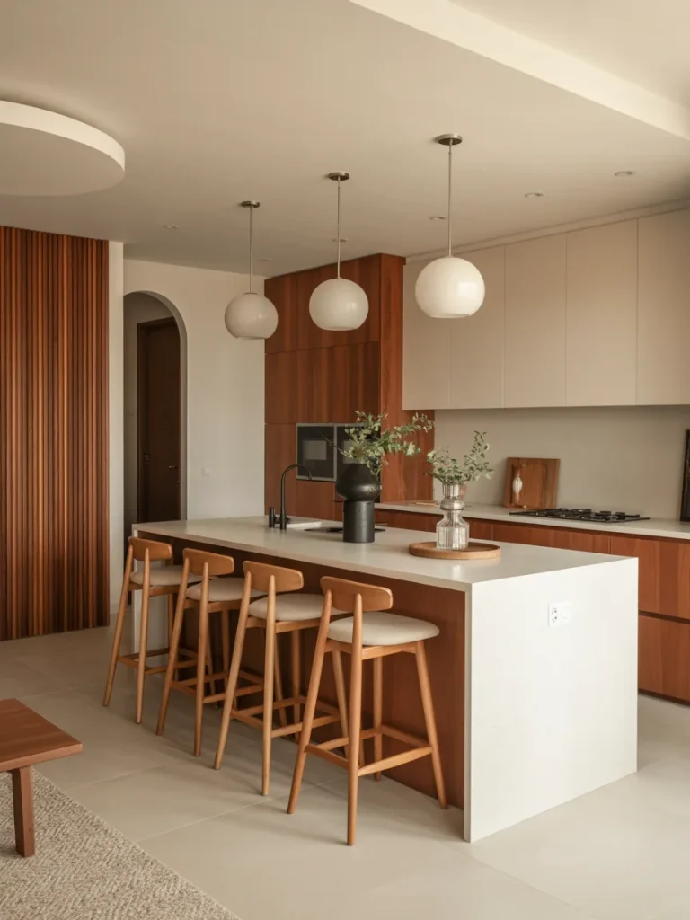 Modern open concept kitchen with wooden cabinetry, pendant lights, and a white island connecting seamlessly to the living area.