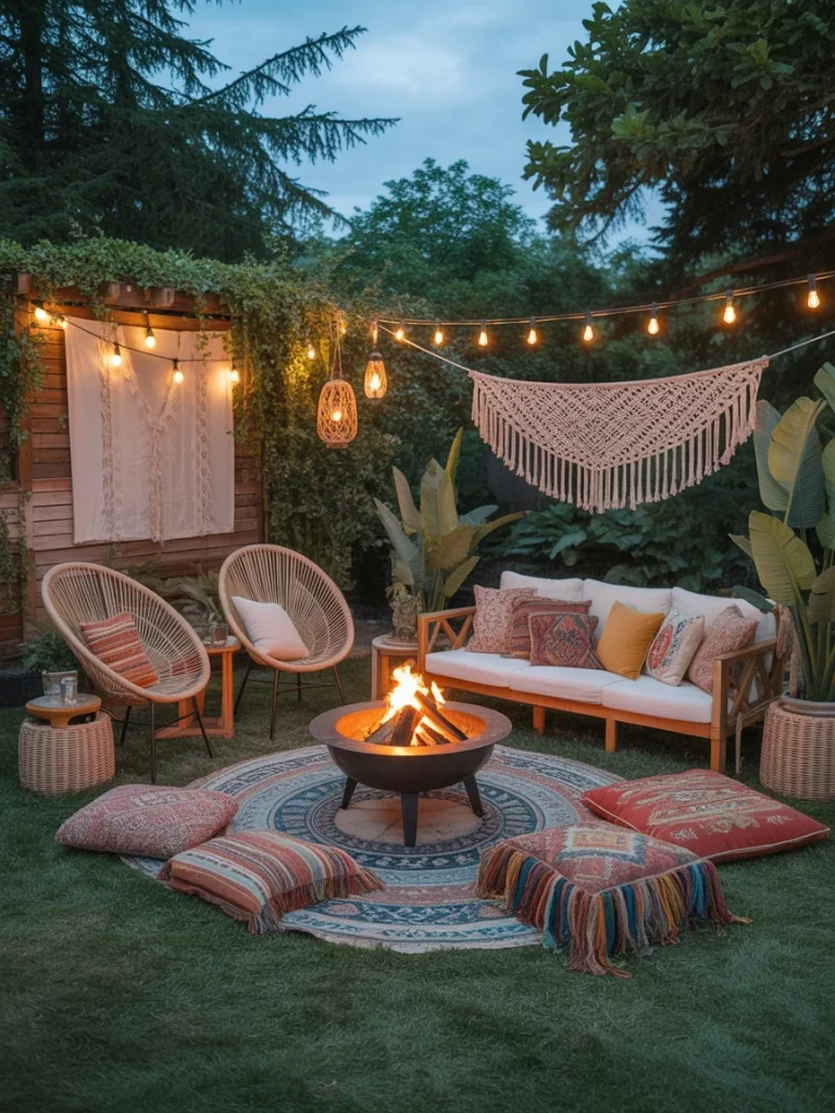 Boho backyard fire pit oasis with cozy seating, string lights, and colorful textiles.