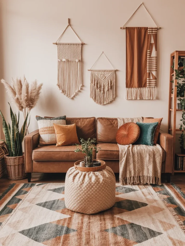 Boho-style brown living room with leather sofa, patterned rug, woven pouf, and macramé wall hangings for a cozy eclectic vibe.