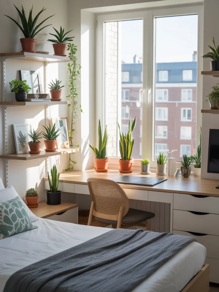 Bright student bedroom filled with natural light and decorated with potted plants on shelves and a desk for a refreshing, lively look.