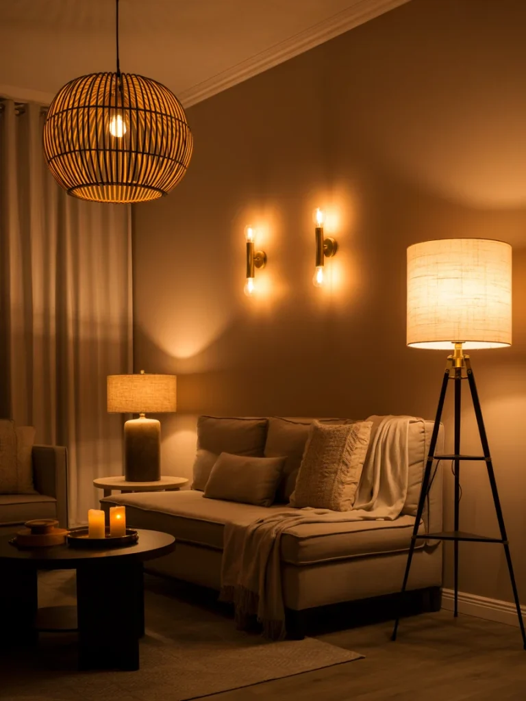 Cozy brown living room illuminated with warm ambient lighting, featuring layered lamps, wall sconces, and a rattan pendant light.