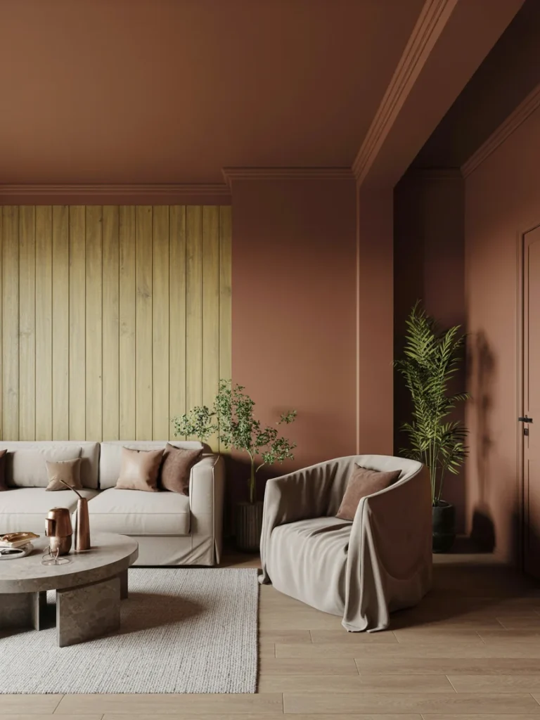 Elegant brown living room with warm terracotta walls, light beige furniture, and natural wood accents for a cozy modern look.