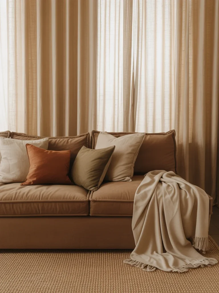 Elegant brown living room with matching curtains, textured rug, and a soft tan sofa accented with warm-toned pillows and a cozy throw.