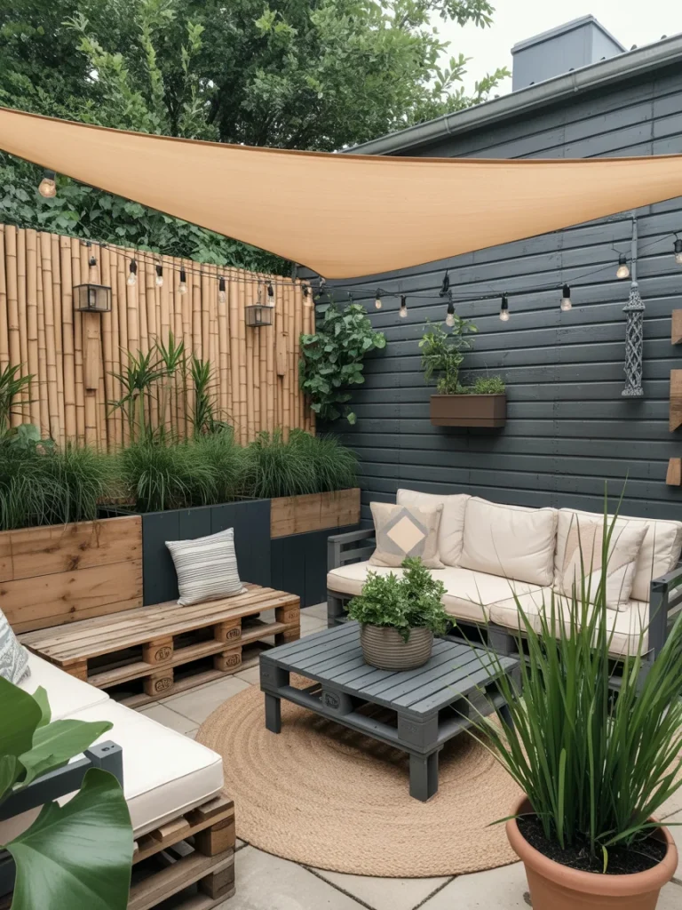 Cozy small patio with a bamboo fence, beige shade sail, and DIY wooden pallet furniture for an affordable privacy setup.