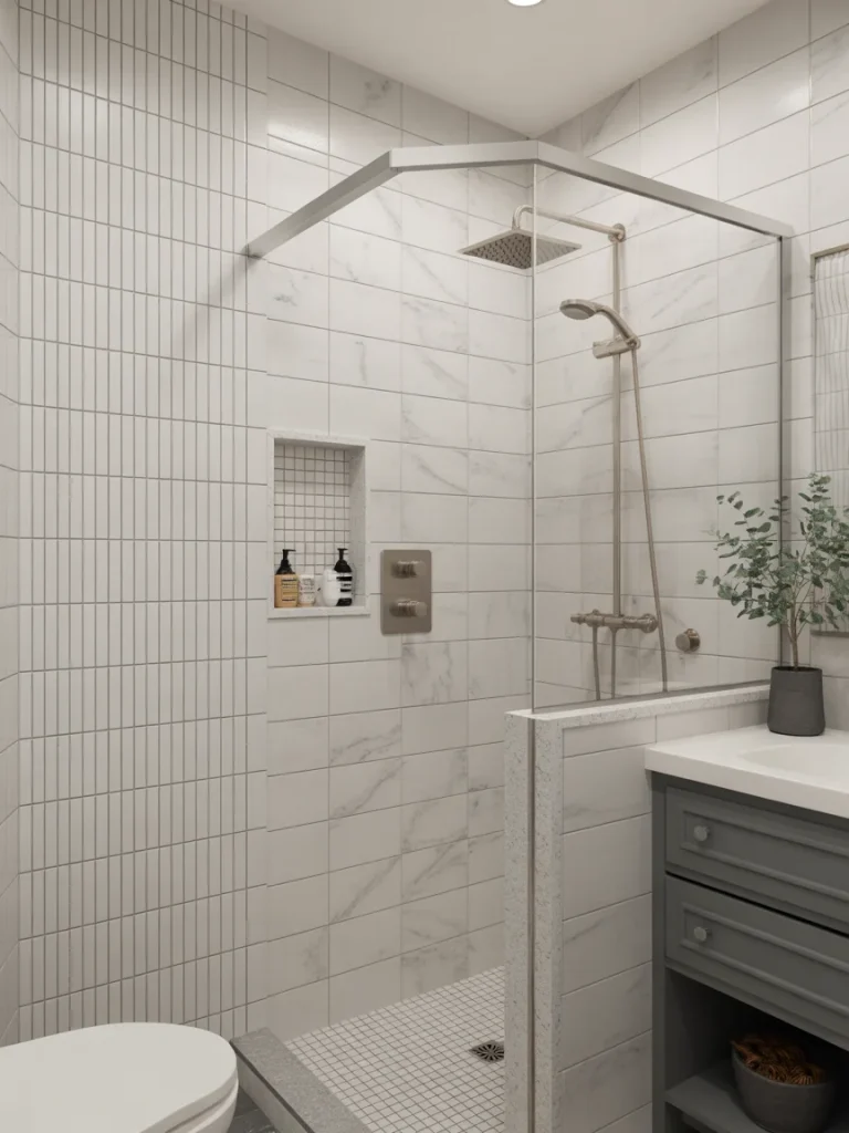 Compact modern bathroom with tiled walk-in shower, rainfall showerhead, and built-in niche for storage.