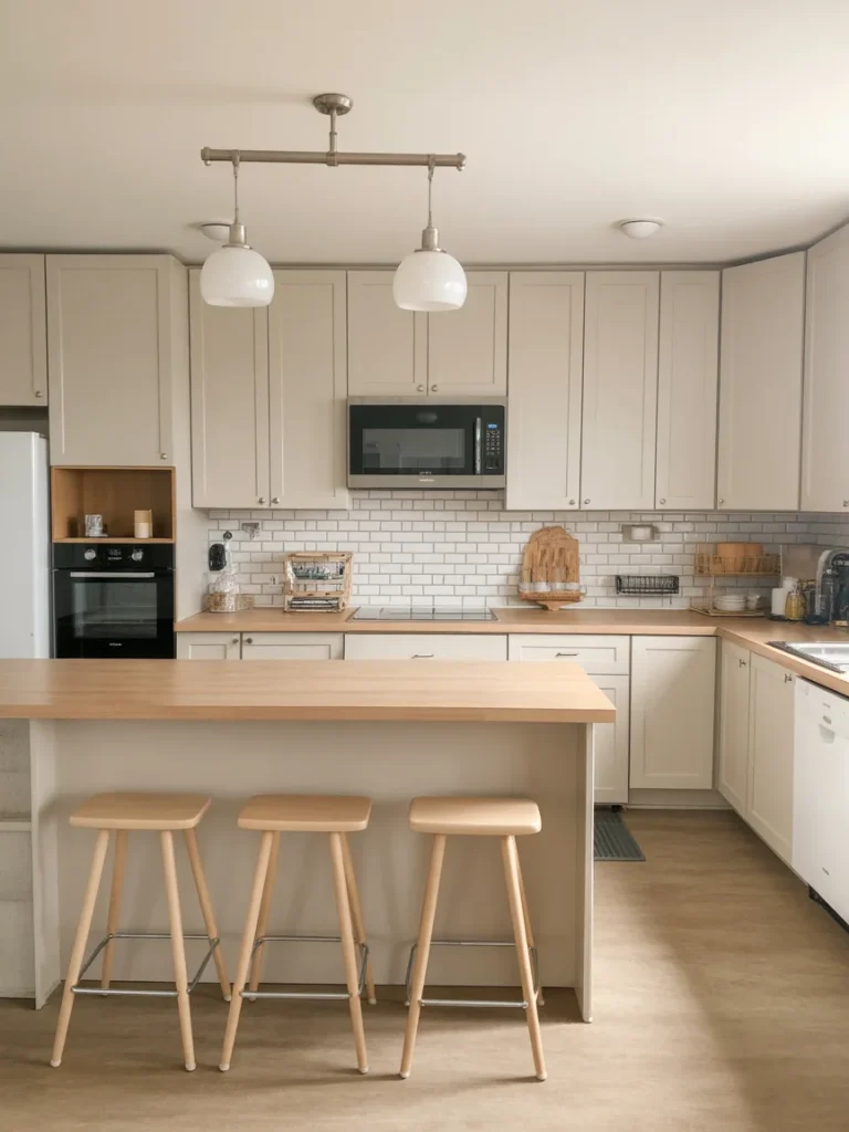 Budget-friendly modern kitchen with light wood countertops, white cabinets, and minimalist bar stools.