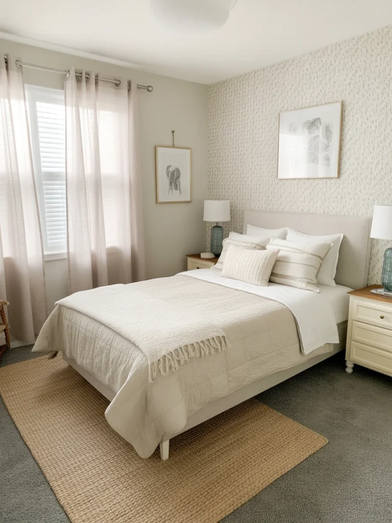 Neutral small guest bedroom with light bedding, patterned accent wall, and simple decor.