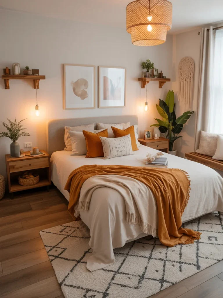 Warm and cozy bedroom decorated with neutral tones, soft lighting, and orange throw accents, showcasing affordable design ideas.