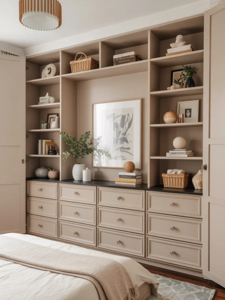 Elegant budget-friendly built-in dresser with open shelving, decorative baskets, and neutral beige cabinetry.