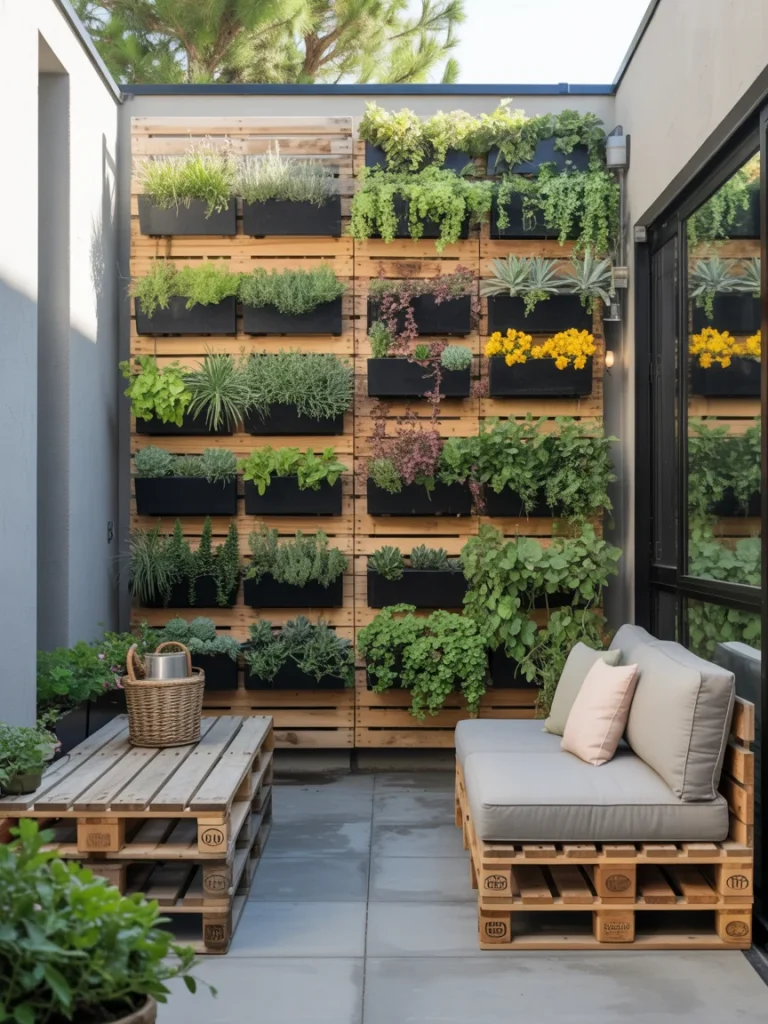Modern patio with a lush vertical garden wall made of wooden pallets and black planters filled with herbs, flowers, and greenery.