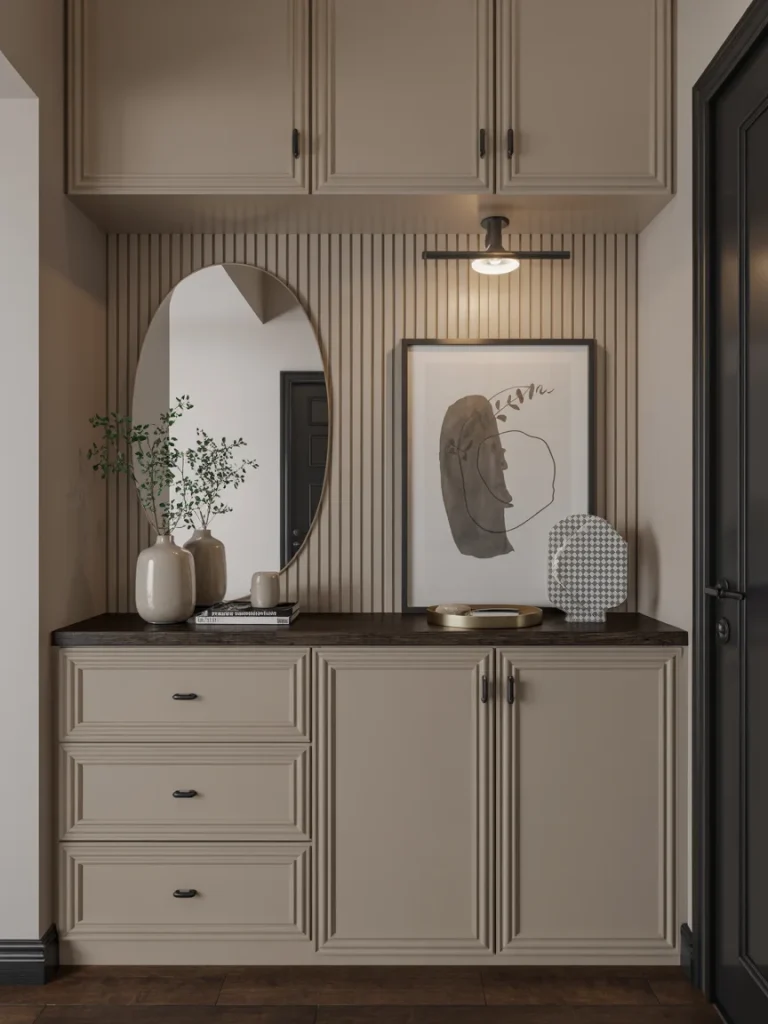 Stylish built-in dresser in an entryway with an oval mirror, modern art, and elegant beige cabinetry.