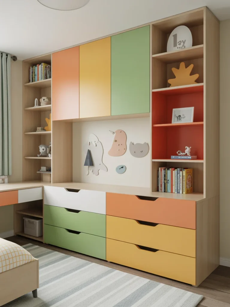 Colorful built-in dresser and storage unit for kids’ room with playful pastel drawers and shelves.
