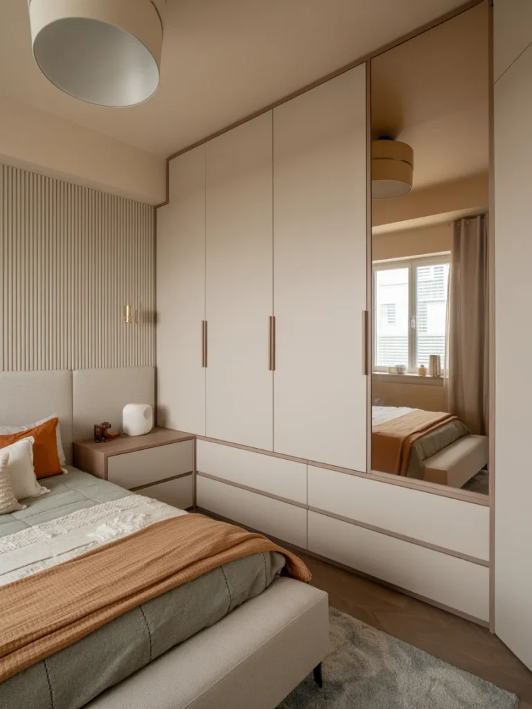 Compact bedroom with a sleek built-in dresser featuring integrated storage cabinets and a large mirrored panel.