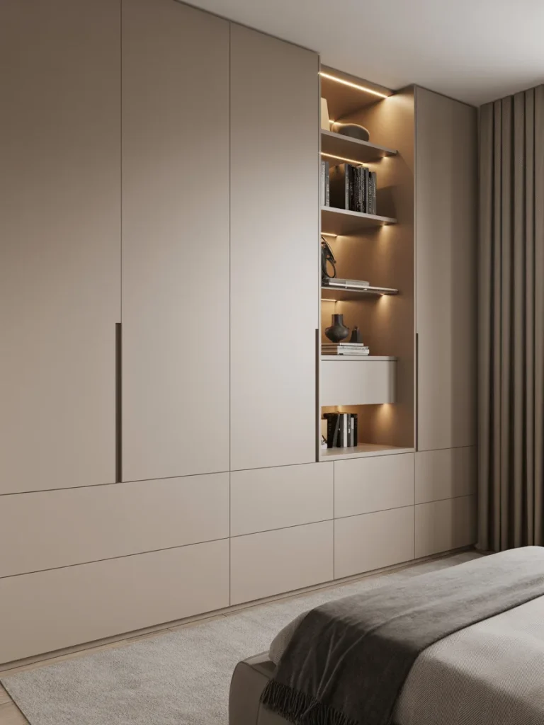 Modern built-in dresser with concealed drawers and illuminated open shelving in a minimalist beige bedroom.