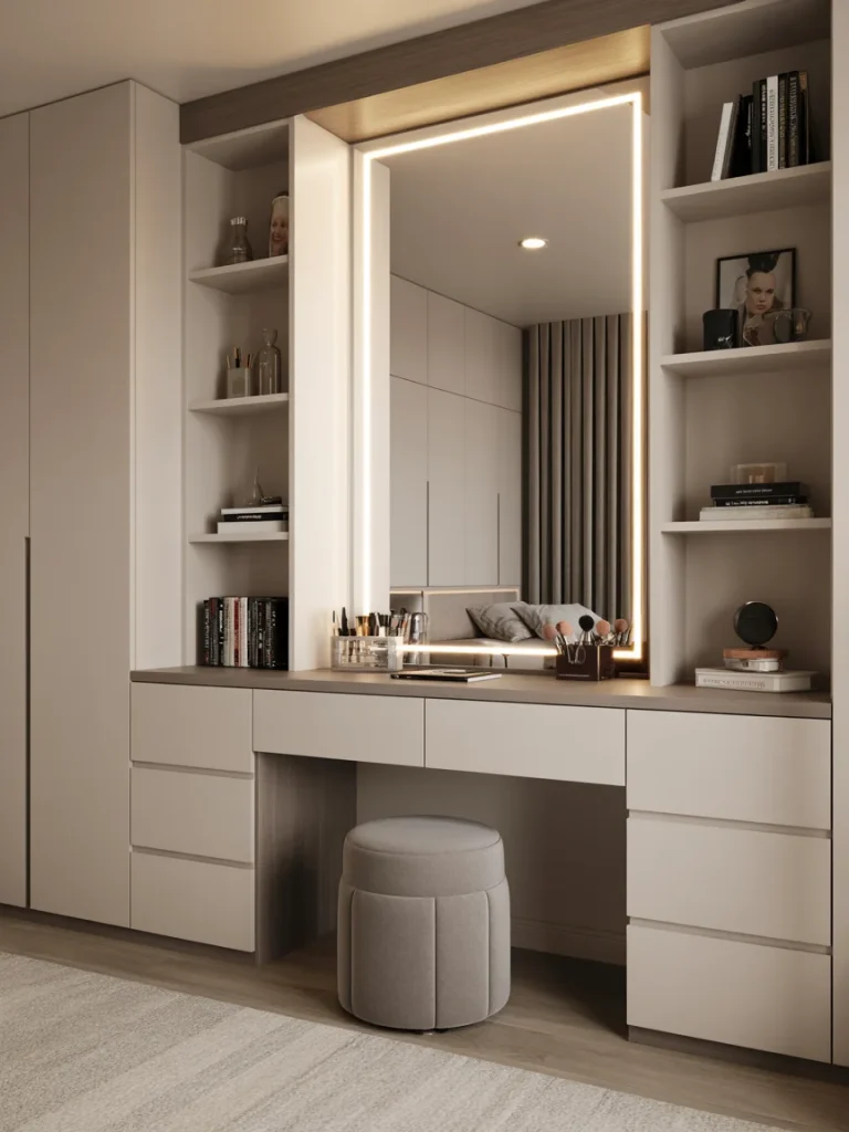 Elegant built-in dresser with an illuminated mirror and vanity setup featuring drawers and shelving.