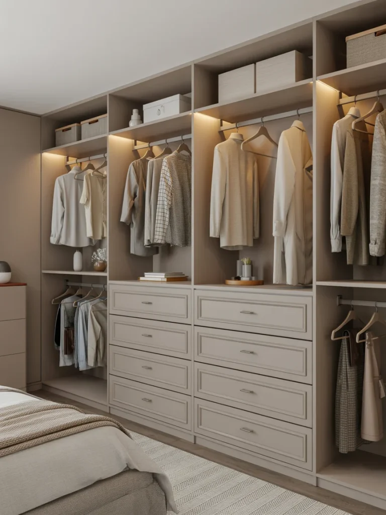 Modern bedroom closet with built-in dressers, open shelving, and soft lighting for organized storage.