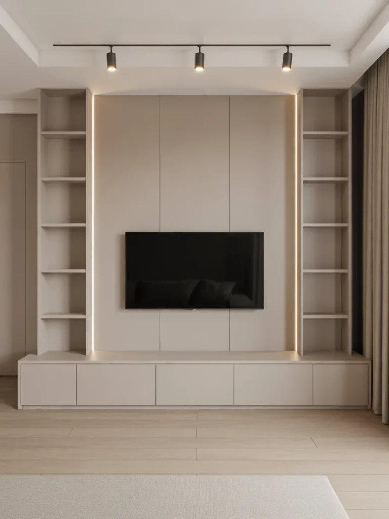 Modern built-in recessed TV wall with sleek shelving and LED lighting in a minimalist living room.