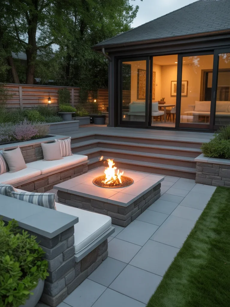 Modern backyard with a built-in patio fire pit surrounded by stone seating and soft outdoor lighting.
