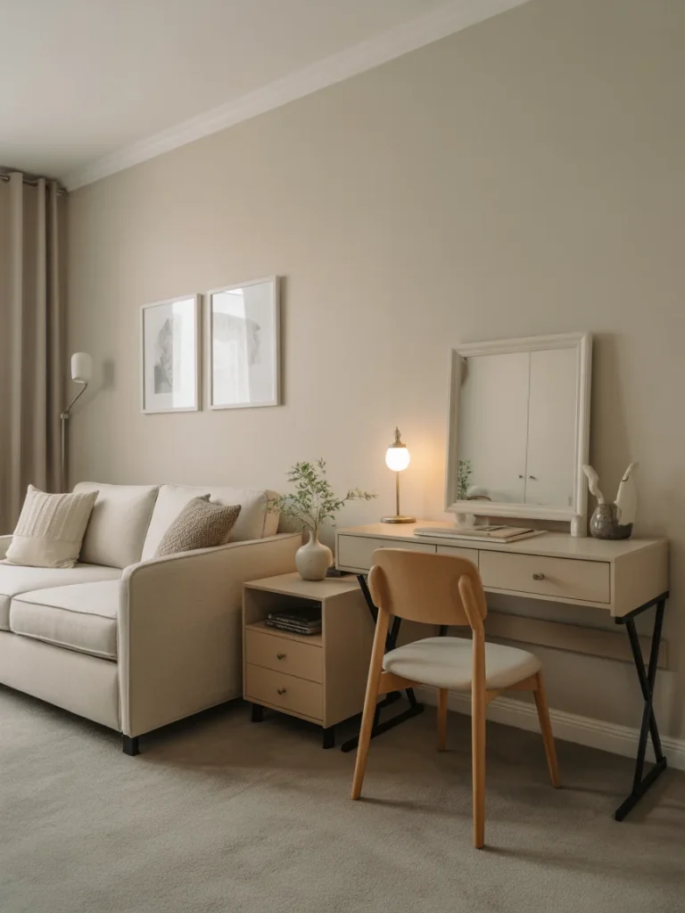 Small guest room with a beige sofa, wooden desk, and soft neutral decor.
