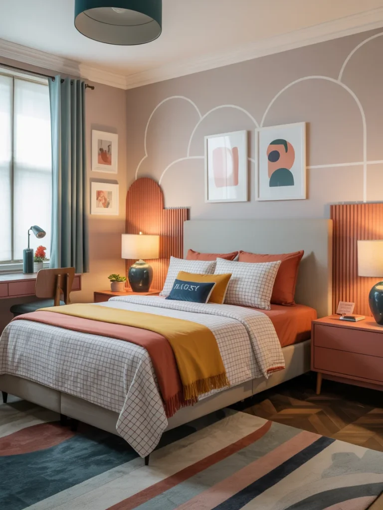 Stylish university bedroom with a colorful design featuring peach, mustard, and blue tones for a personalized, modern look.