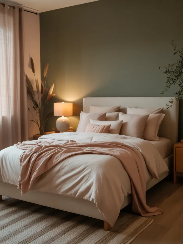 Cozy bedroom with a warm, earthy color palette featuring soft pink bedding, olive green accent wall, and ambient lighting for a relaxing atmosphere.