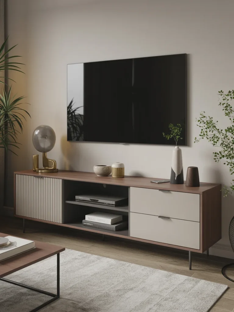Modern living room with a sleek TV stand, minimalist decor, and neutral tones creating a balanced and elegant space.