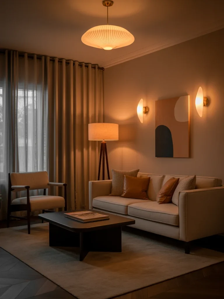 Warm and cozy living room with layered lighting that enhances the furniture’s texture and creates a relaxing ambiance.