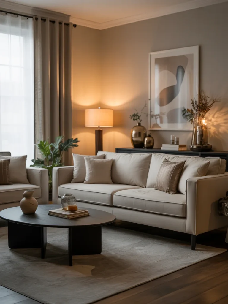 Modern living room with neutral sofas, warm lighting, and minimalist decor emphasizing comfort and balance.