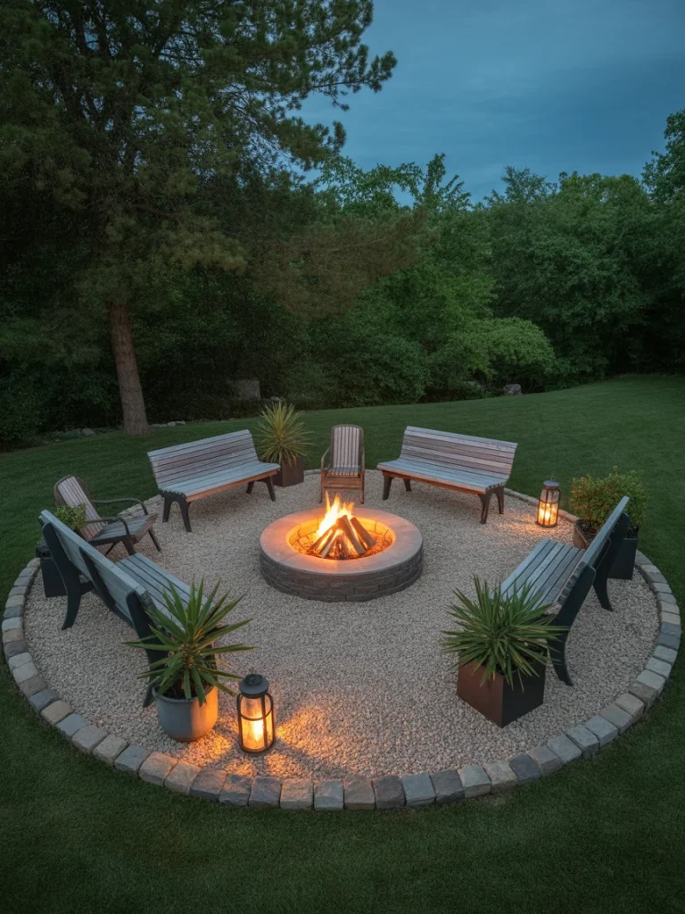 Circular gravel fire pit area with benches, lanterns, and potted plants in a spacious backyard.