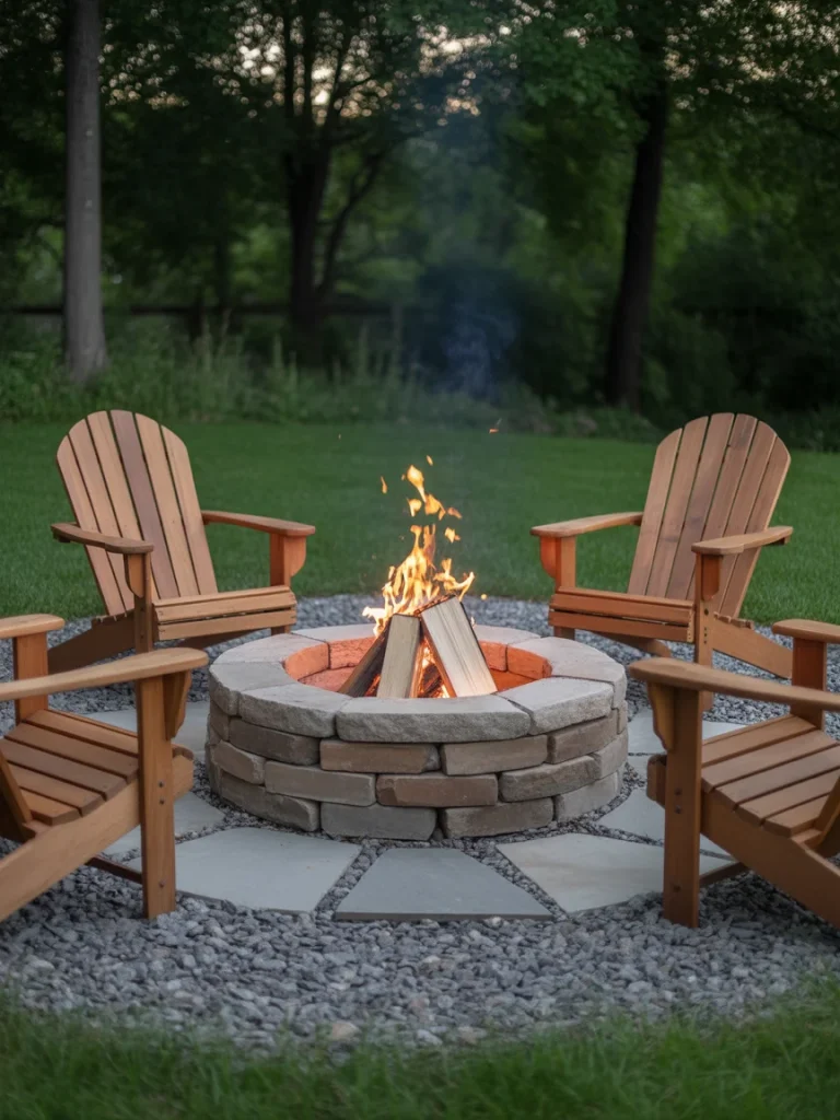 Outdoor stone fire pit surrounded by wooden Adirondack chairs in a lush green backyard.