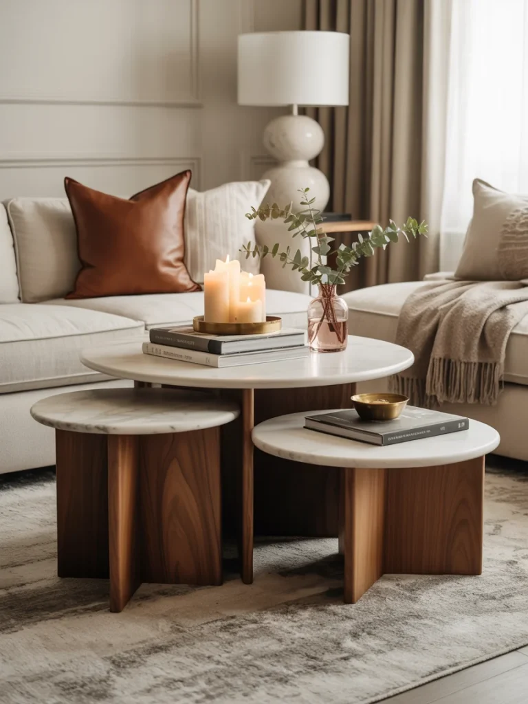 Elegant living room with nested coffee tables, soft neutral tones, and cozy decor featuring candles and greenery.