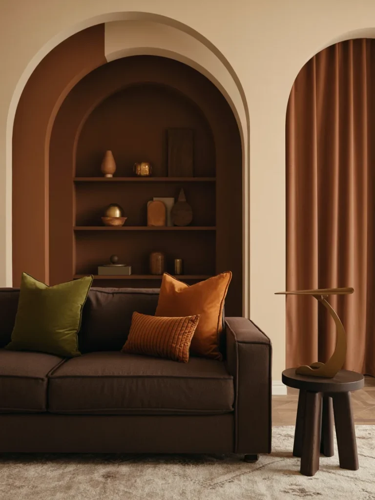 Modern brown living room with earthy tones, featuring a dark brown sofa, rust-orange and olive-green pillows, and arched wall alcoves.